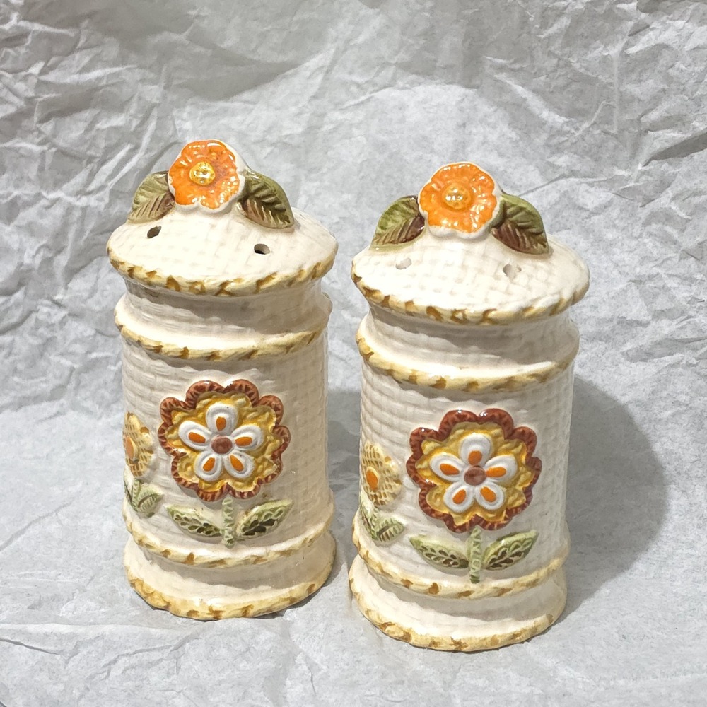 Vtg Sears Floral Salt and Pepper Shaker Set Retro Orange Ceramic 70s